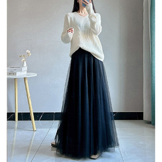 Black Gauze Skirt for Women, High-End Spring and Summer Elastic Waist Mesh Tutu Skirt with Large Hem and Drapey Feel, Super Fairy-Like Long Skirt