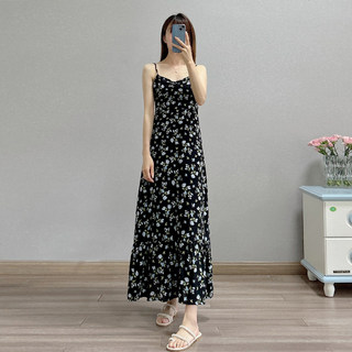 High-End Floral Suspender Dress for Women, Spring and Summer New Style, Waist-Cinching, Slimming Design, French Retro Printed Long Skirt