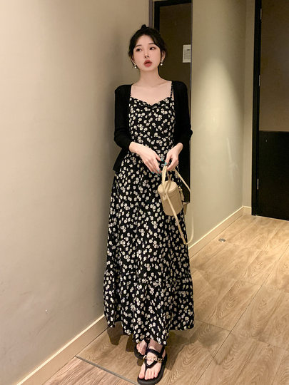 Black Floral Suspender Dress for Women, Long Skirt, Spring and Summer, High-End Retro Design, Waist-Cinching, Slimming Skirt