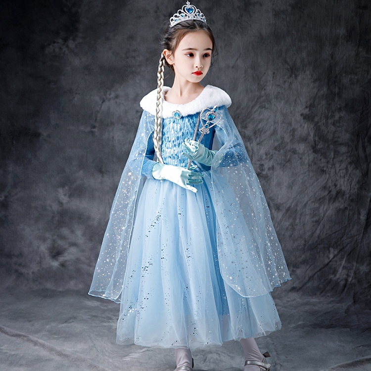 Hi! Fish Elsa Princess Dress for Girls, Elsa Children's Dress, Autumn and Winter Velvet Long-Sleeve Dress
