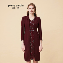 Pierre Cardin womens 2020 Autumn new wine red long sleeve V-neck wool dress fake two-piece bag hip skirt