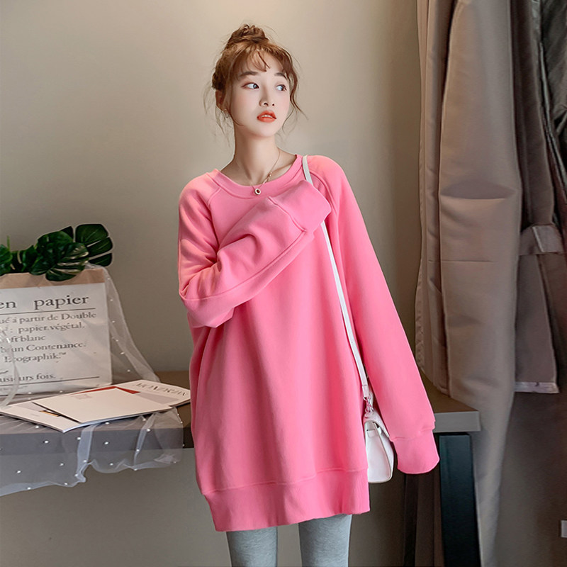 Pregnant Woman Plus Velvet Clothing 2022 Autumn Winter Clothing Suit Fashion New Loose Pure Cotton T-shirt With Long Version Round Collar Blouse