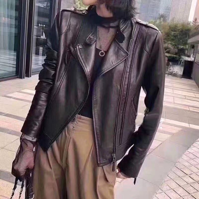 Real leather female short LOCOMOTIVE JACKET Body Slim Stand-up Collar Bracelet Jacket 2021 Spring Autumn New Plant Tannic Sheep Leather