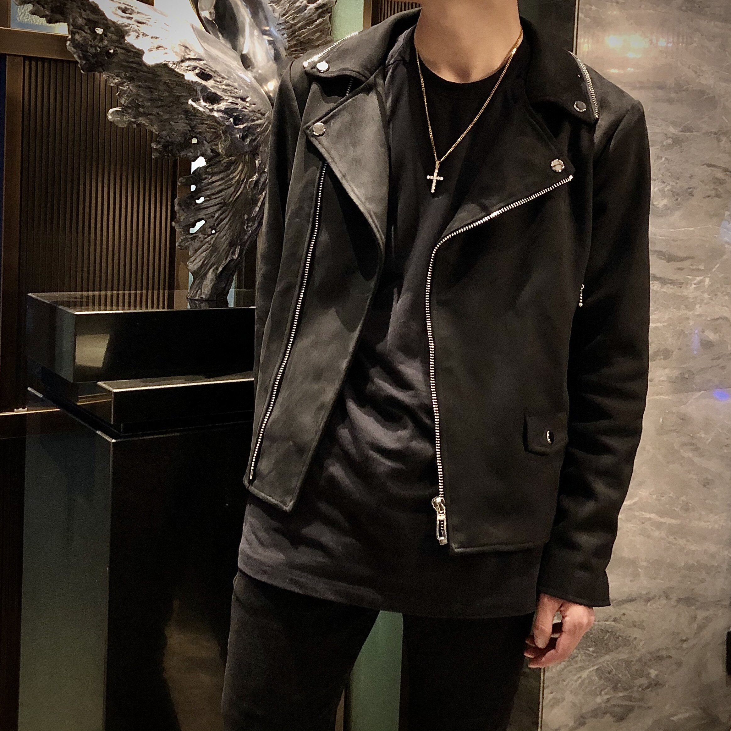 ROOLRREN luxury trendy son style high street imported suede rhinestone firework embroidery motorcycle leather jacket jacket