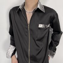 ROOLRREN small fragrant wind python pattern genuine silk blend easy and lazy style anti-wrinkle zipped shirt