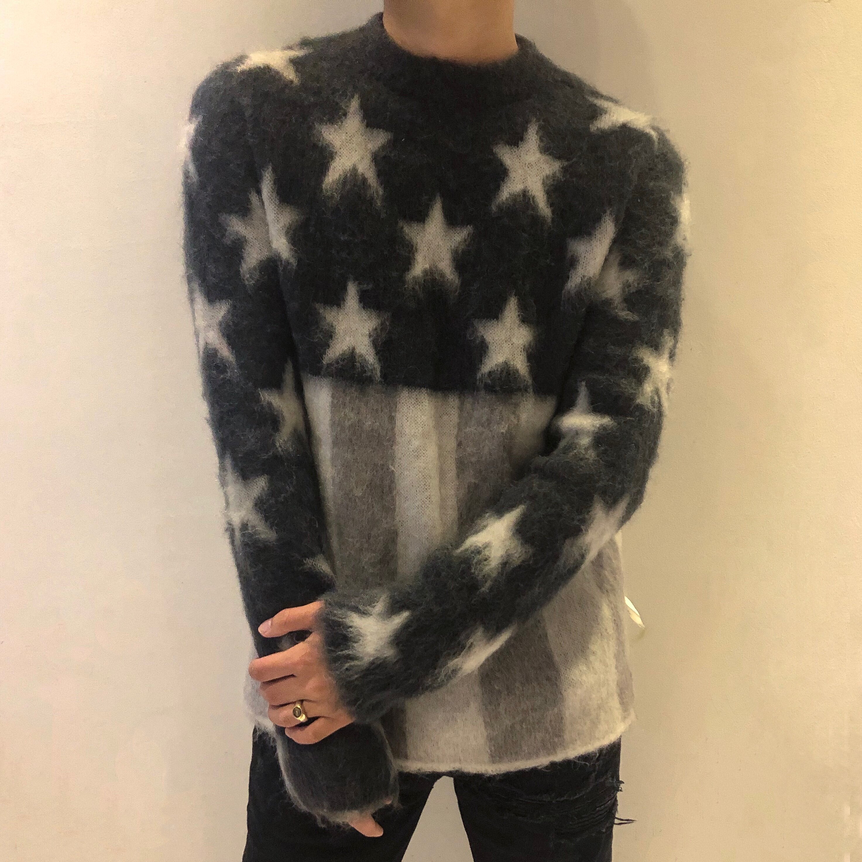 ROOLRREN extravagant couple five-pointed star flag pattern mohair wool loose sweater sweater