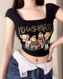 Осенняя мультяшная милая футболка, майка топ, в американском стиле, облегающий крой, 2023, в корейском стиле, по фигуре