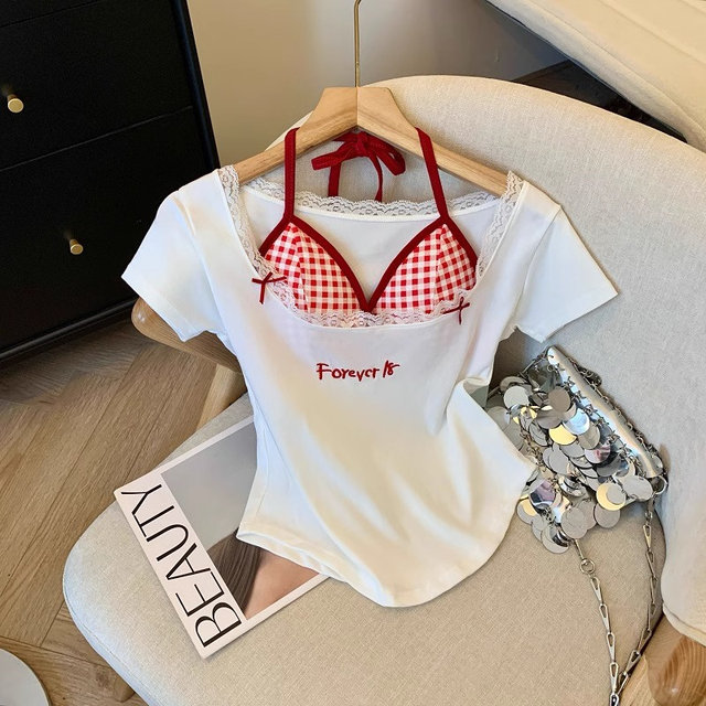 Fake two-piece letter embroidery red plaid lace suspender short-sleeved T-shirt for women summer inner top with chest pad