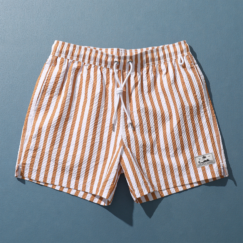 Men's Striped Shorts with Lining, Loose-Fitting Three-Quarter Length Pants, Suitable for Beach Vacations and Swimming, Double-Layer Quick-Dry Beach Shorts