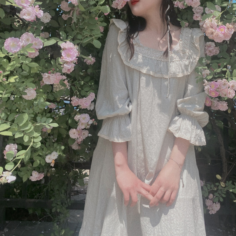 Total Cotton Square Collar Sweet Beauty Lace Princess Sexy Sleeping Dress Woman Spring Summer Lotus Leaf Side Home Conserved Big Code Sleeping Clothes Fairy-Taobao