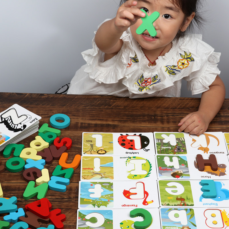 Wooden alphanumeric puzzle blocks English 26 upper and lower case matching cards children 2345 years old educational toys