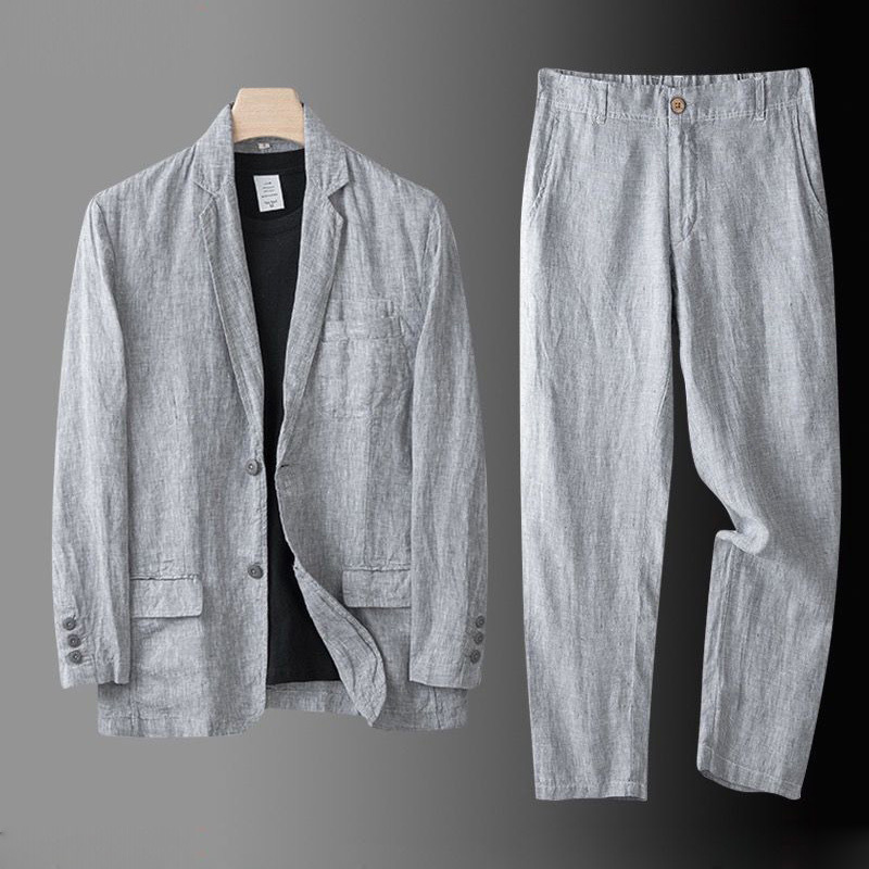 Linen Suit Set for Men, Casual Suit, Spring, Autumn and Summer Thin Style, Double Side Slit Jacket and Pants Set