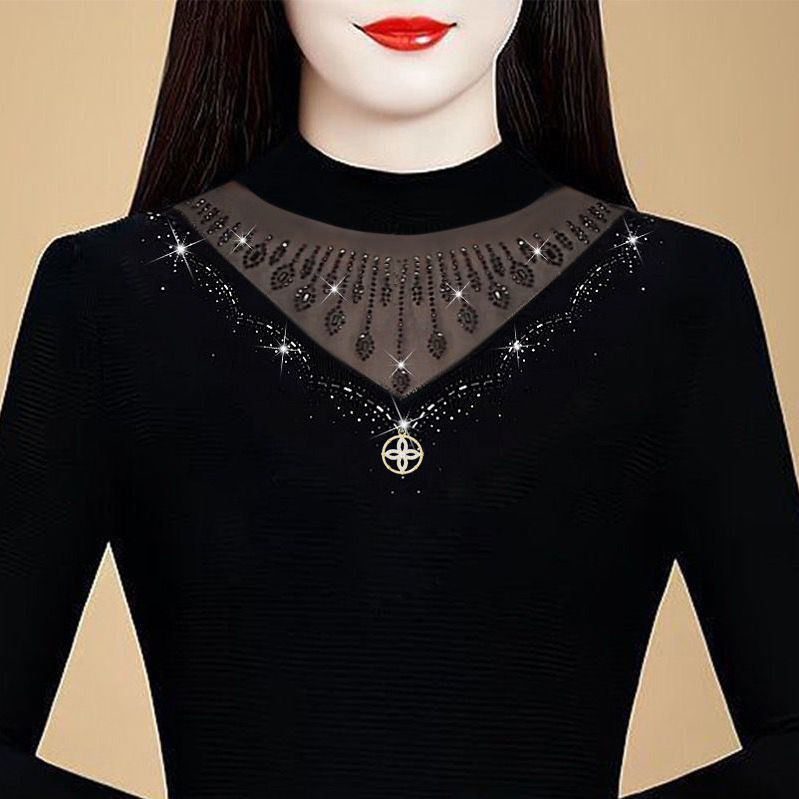 Autumn and Winter Stylish Slim-Fit Outerwear, Elegant Slimming Base Shirt for Women, Mesh T-Shirt with Fleece Lining and Rhinestones, Shiny Top Autumn and Winter Stylish Slim-Fit Outerwear, Elegant Slimming Base Shirt for Women, Mesh T-Shirt with Fleece Lining and Rhinestones, Shiny Top