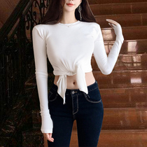 Sexy Truffle Cross Middle Lace Tight Fit Women Fitness Clothes Running Long Sleeves Elastic Breathable Yoga T-shirt