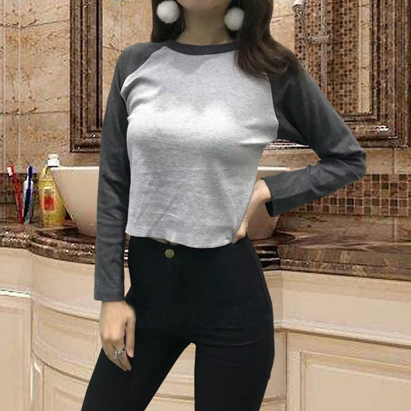 Early autumn new American round neck exposed navel high waist T-shirt hit color long-sleeved navel leakage short baseball uniform small shirt yoga women