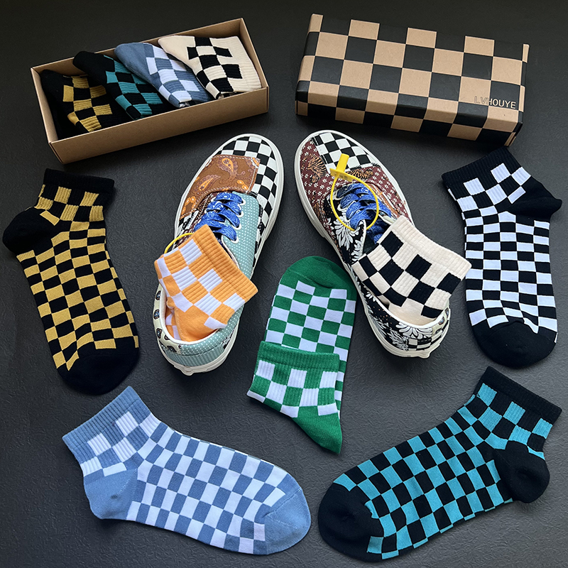 Boxed Colorful Checkerboard Socks in Black and White, Vintage Green and Khaki, Paired with Sneakers, Short Tube Unisex Sports Trendy Socks