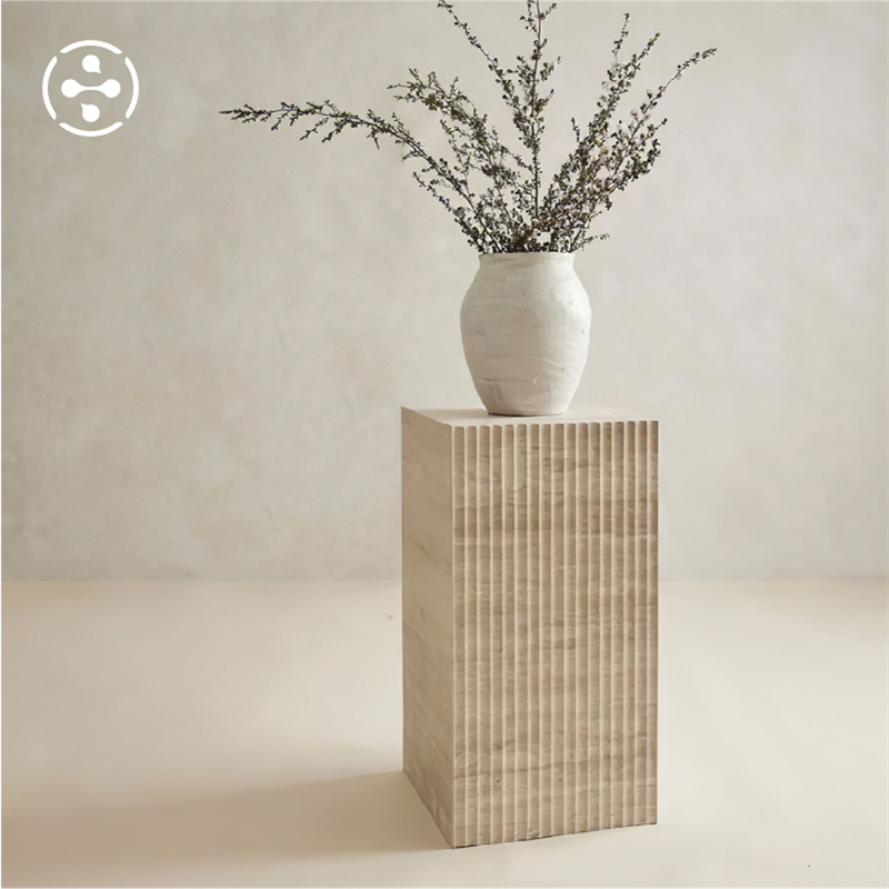 Wabi-Sabi Natural Yellow Travertine Marble Grooved Floor-Standing Ornament Stone Pedestal Base Display Stand Pillar Sculpture Platform Wabi-Sabi Natural Yellow Travertine Marble Grooved Floor-Standing Ornament Stone Pedestal Base Display Stand Pillar Sculpture Platform