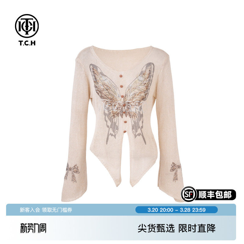 TCH private wear горячая бриллиантовая бабочка с V-образным вырезом модный свитер неправильной формы женский 2025 летний новый стиль T75A09E5058 Изображение 1