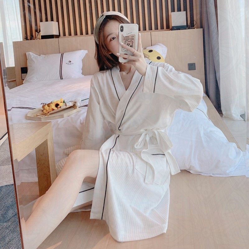 Pure Cotton Sleeping Robe Woman 2022 New Summer Long Sleeves Sweet senior feel Jane approachable Pure Color Cute Home pyjamas