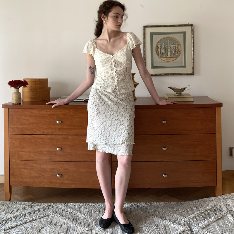 Leaf Studios French Sweet Lace Trim Patchwork Slim-Fit Short-Sleeve Unique Blouse Cardigan