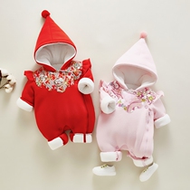 Winter new thickened climbing suit female baby embroidery Chinese wind Harvest one-piece clothes clip cotton warm lotus leaf edge