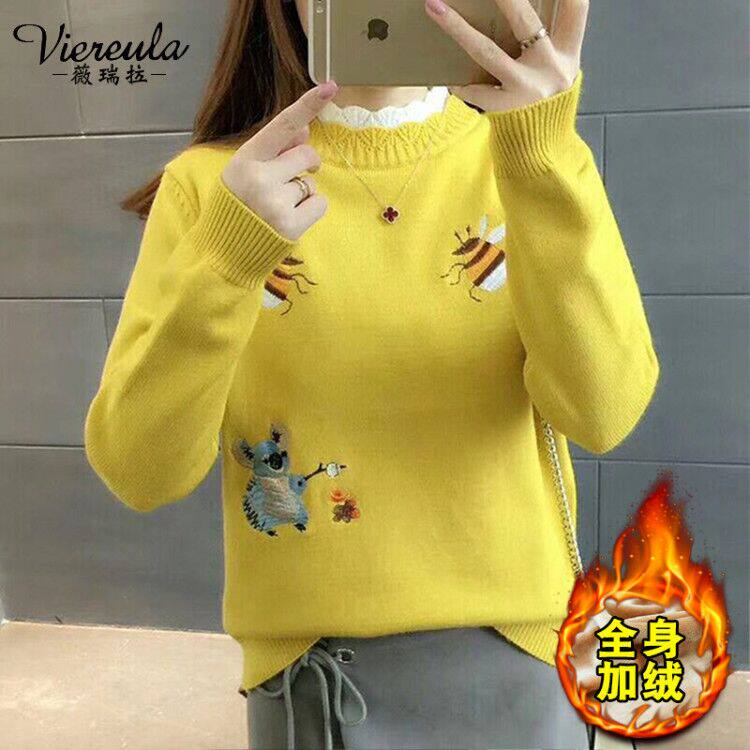 Ladies sweater autumn and winter 2022 new loose outer wear pullover knitted bottoming shirt plus velvet thick long-sleeved top trendy