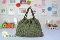 Handicraft bag crochet womens bag Buddha beads portable fan paper rope crochet straw bag sweet lady