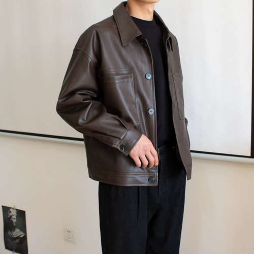 Мужская демисезонная короткая брендовая ретро полиуретановая куртка, в корейском стиле