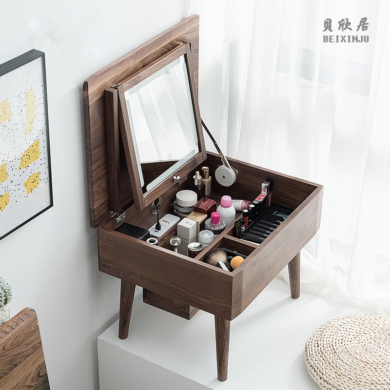 Nordic Floating Window Makeup Desk Bedroom Mini Small House Type Makeup Table Black Walnuts Wood Solid Wood Makeup Bench Day Style Small