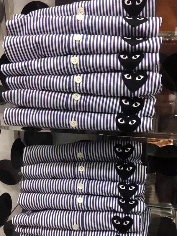 Embroidered Heart Vertical Striped Long-Sleeved Shirt for Men and Women, Couple's Autumn Mid-Length Shirt