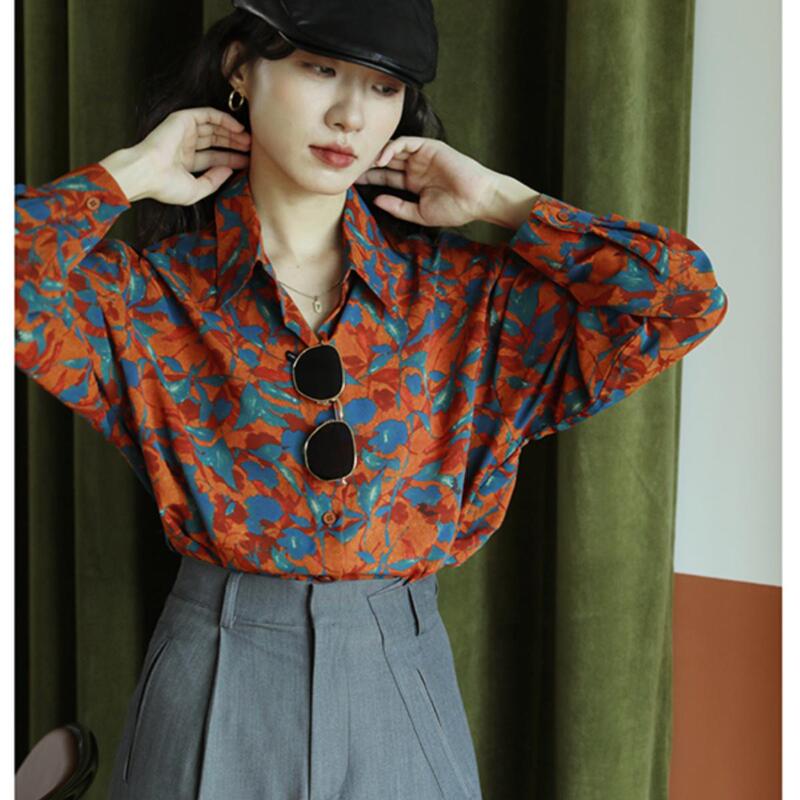 Floral Red Leaf Vintage Niche Long-Sleeve Shirt for Women, Autumn Christmas Annual Meeting Design Print Blouse Trendy Top