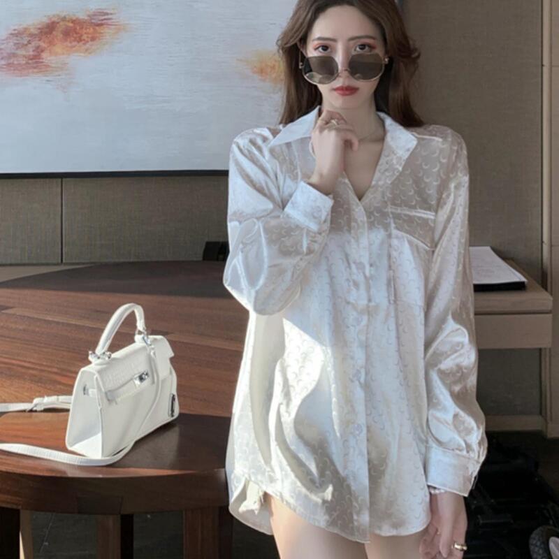 Satin White Shirt for Women, Early Autumn 2025, European Style, Long-Sleeved Shirt, Loose Mid-Length, Moon Satin Thin Top