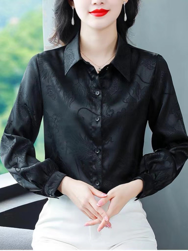 High-End Black Shirt for Women, Long-Sleeved, New Autumn Satin Shirt, Fashionable Top for Mom