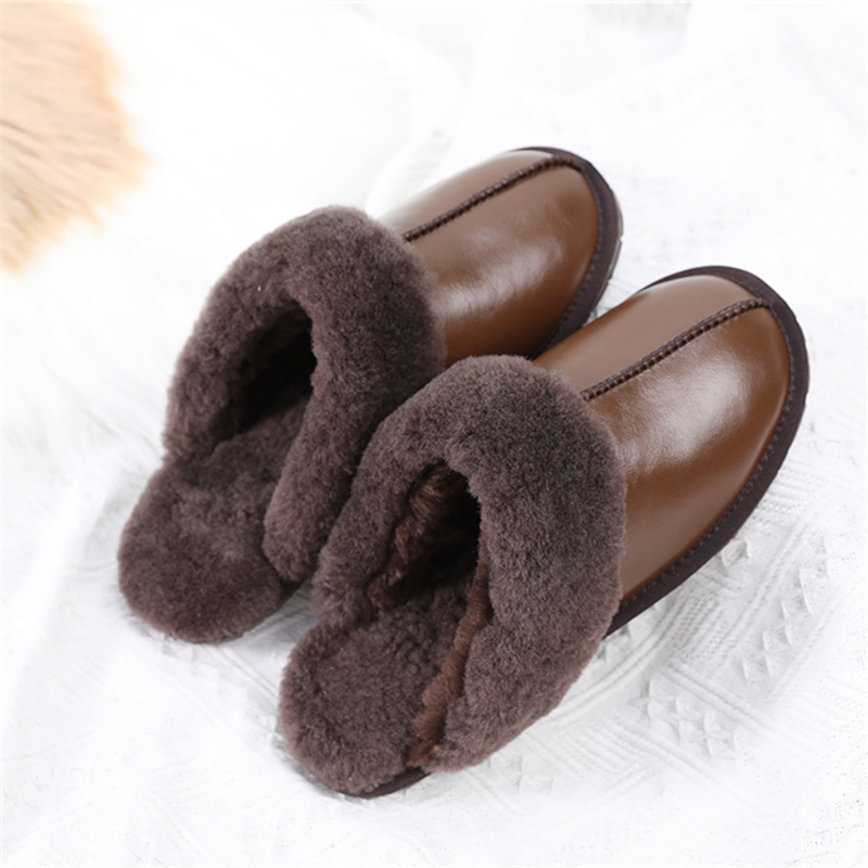 Genuine Leather Cotton Slippers for Couples, Wool Slippers for Women, Leather and Fur Integrated, Waterproof, Non-Slip, Closed-Toe Fur Slippers, Winter 2025 New Model