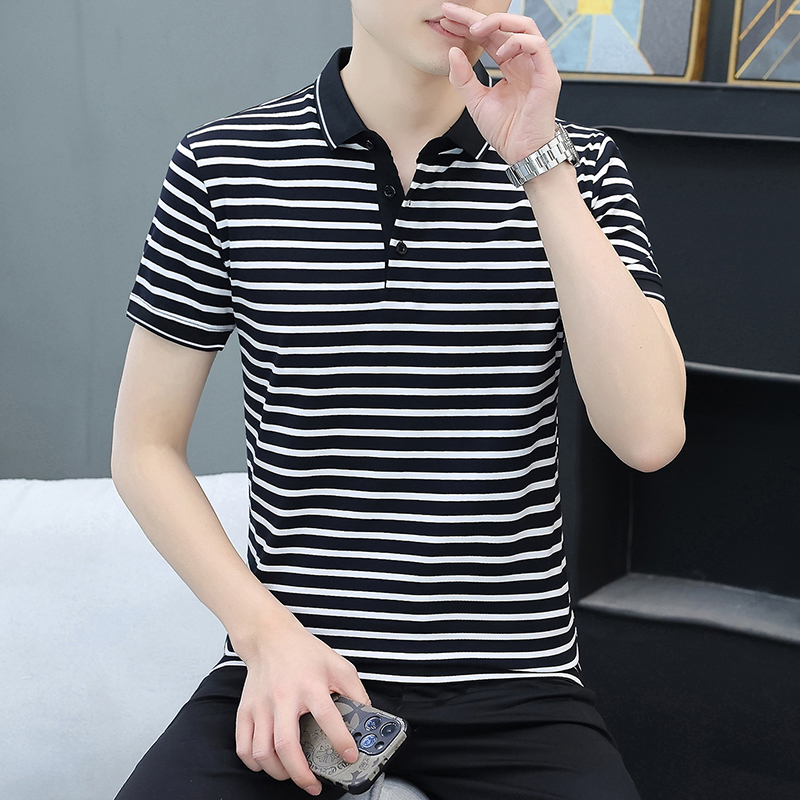 Pure Cotton Black and White Striped T-Shirt for Men, Summer Polo Shirt with Collar, Casual Trendy Fashion Short-Sleeve Men's Polo Shirt