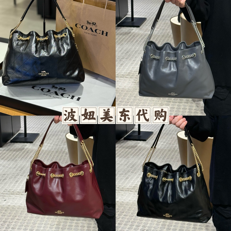 【Authenticity Guaranteed】Coach Evelyn Drawstring Bucket Bag Chain Shoulder Handbag Crossbody Bag