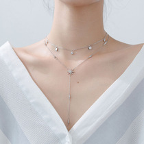 Necklace female s925 silver snowflake Korean version of hipster diamond cross light sweet Net red long choker