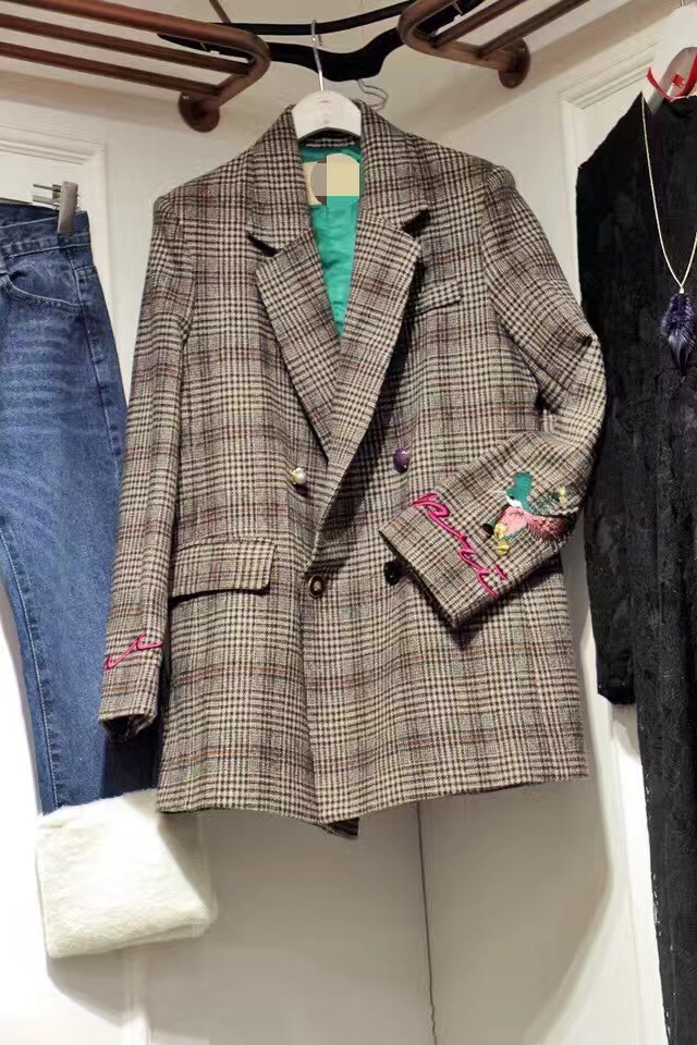 Chic mùa thu và mùa đông phiên bản Hàn Quốc của houndstooth thêu trong đoạn dài lỏng lẻo kẻ sọc retro kẻ sọc phù hợp với nữ dày đồ vest nữ