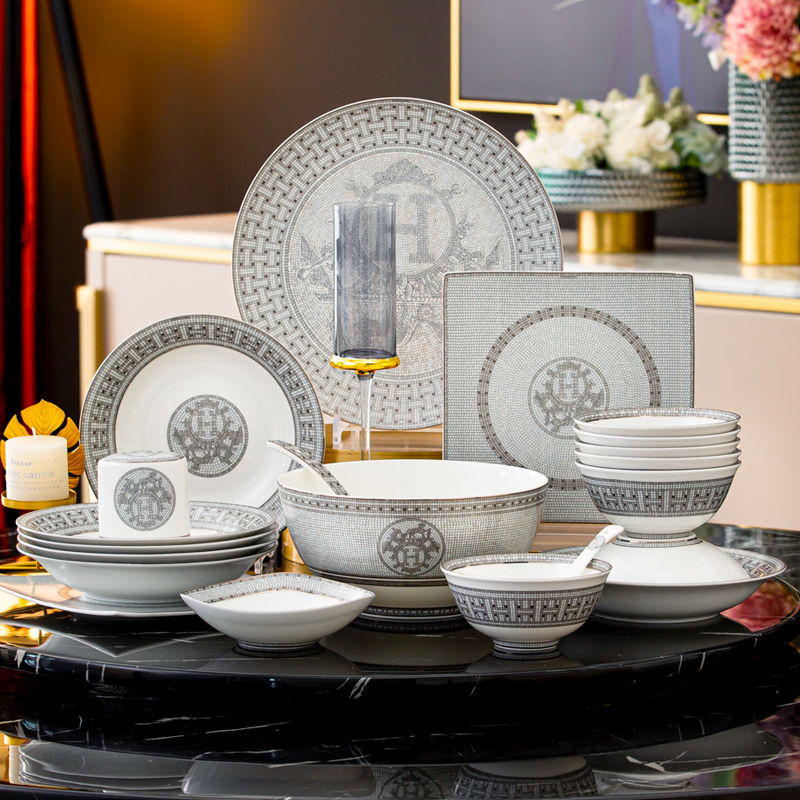 Dishes Set Household Chinese-Style High-End Gold-Rimmed Bone China Ceramic Bowl and Plate Set Hermès Tableware Gift Box