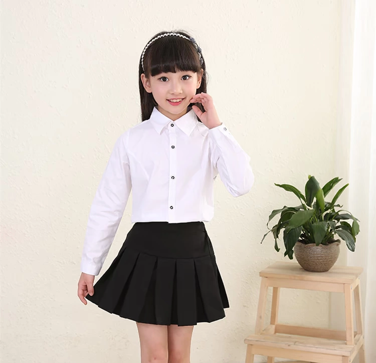 Cô gái áo sơ mi trắng tay dài trẻ em cộng với nhung hồng công chúa Cô gái lớn trẻ em tiểu học biểu diễn đồng phục cotton