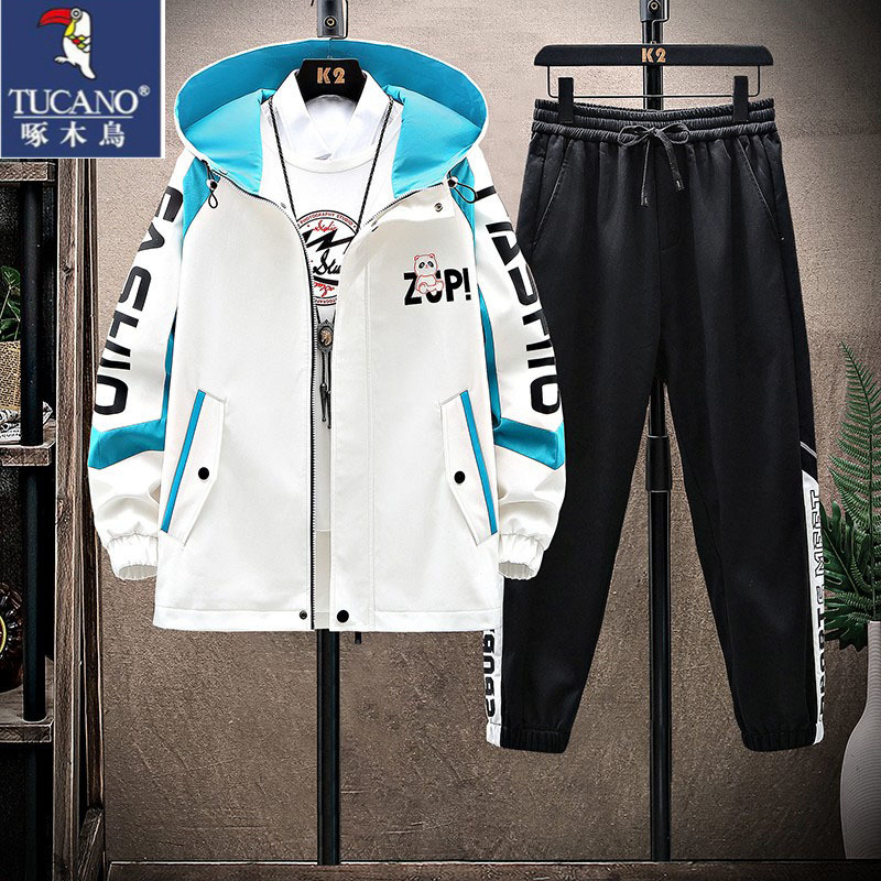 Woodpecker Spring and Autumn New Men's Jacket Loose Printed Two-Piece Cardigan Versatile Workwear Casual Pants Set Trendy