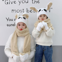 Rabbit ears will move the hat female autumn winter Net Red childrens ear hat cold hat gloves scarf one girl