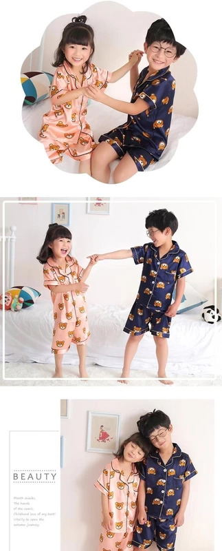 Bộ đồ ngủ bằng lụa mùa hè phiên bản Hàn Quốc cho mẹ và con gái quần short tay ngắn bé trai và bé gái băng lụa cha mẹ-con mặc gia đình mẹ đồ bộ thu đông cho cả gia đình