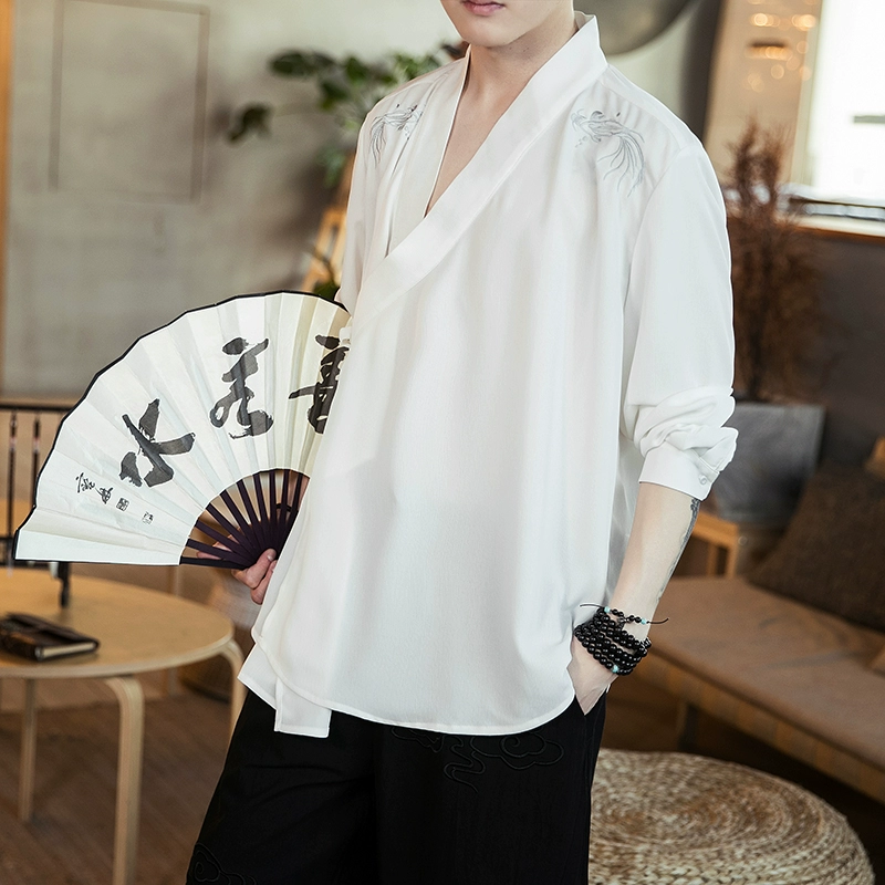 Hanfu cardigan Road áo khoác áo sơ mi đẹp trai hợp thời trang Nam lớn Kích thước áo sơ mi cổ điển Trang phục cổ điển đẹp trai hợp thời trang - Áo