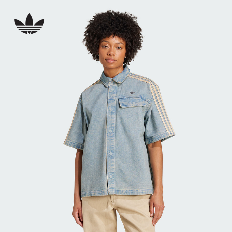 Adidas Adidas Trefoil Denim Work Shirt Premium Three-Stripe Short-Sleeve Shirt Jy2871