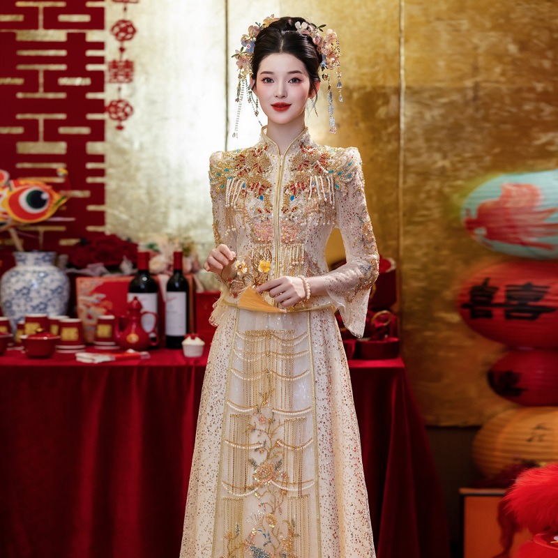 High-End Champagne-Colored Xiuhe Dress Wedding Dress 2026 New Style Bride Engagement Toast Dress Chinese-Style Wedding Dress for the Bride's Departure Ceremony