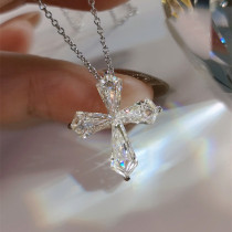 PT950 Platinum American Import Mosanstone Group Inlaid Profiled Cross Pendant Necklace Pure Silver 4 Carat Jersey Chain