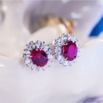 PT950 platinum mosanstone yellow drill group inlaid with color drill ear nail 5 carat ruby pigeon egg pure silver green drill ear decoration