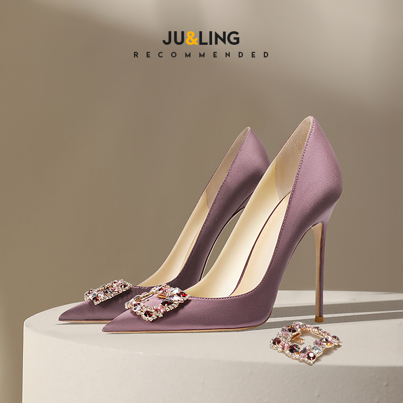Taro Purple Feminine High-End Satin Rhinestone High Heels for Women 2026 New Style Stiletto Stunning Purple Pointed Toe Shoes