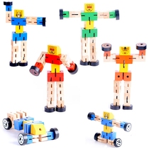 Wooden Deformed Car Magic Square Robot Wood 100 Change Car Man Solid Children Puzzle Wood Building Block Toy